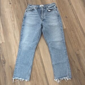 Agolde Blue Straight Leg Jeans with Frayed Hem